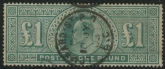 Great Britain 1902 SG.266  £1 dull blue-green.   wmk. crowns. Lombard St. PO. CDS.
