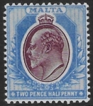 1903-4  Malta  SG.41 2½d maroon & blue Perf.14  crown CA  Lightly M/M