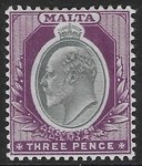 1903-4  Malta  SG.42  3d grey & purple Perf.14  crown CA  Lightly M/M