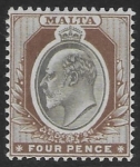 1903-4  Malta  SG.43  4d blackish-brown & brown Perf.14  crown CA  Lightly M/M