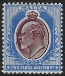 1904-14  Malta  SG.52  2½d maroon & blue Perf.14  multi crown CA  Lightly M/M