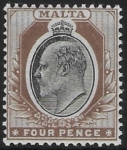 1904-14  Malta  SG.54  4d black & brown Perf.14  multi crown CA  Lightly M/M