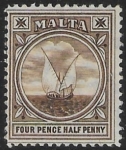 1904-14  Malta  SG.57  4½d brown Perf.14  multi crown CA  Lightly M/M