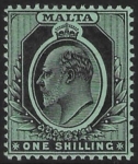 1904-14  Malta  SG.62  1s black/green Perf.14  multi crown CA   Lightly M/M