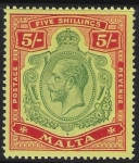 1914-21  Malta  SG.88  5s green & red/yellow  Perf.14  multi crown CA    M/M