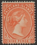 1896  Falkland Islands  SG.36 9d salmon. mounted mint.