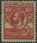 1929 Falkland Islands - SG.125 10/- carmine/emerald mounted mint