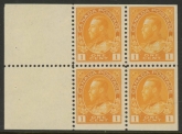 1922 Canada SG.246aa 1c chrome yellow.  booklet pane of 4 + 2 labels  U/M (MNH)