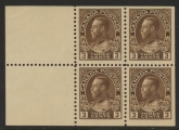 1922 Canada SG.205a 3c deep brown.  booklet pane of 4 + 2 labels.  M/M