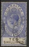 1925 Gibraltar.  SG.106 KGV.  10/- deep ultramarine & black. Wmk multi script. fine used.